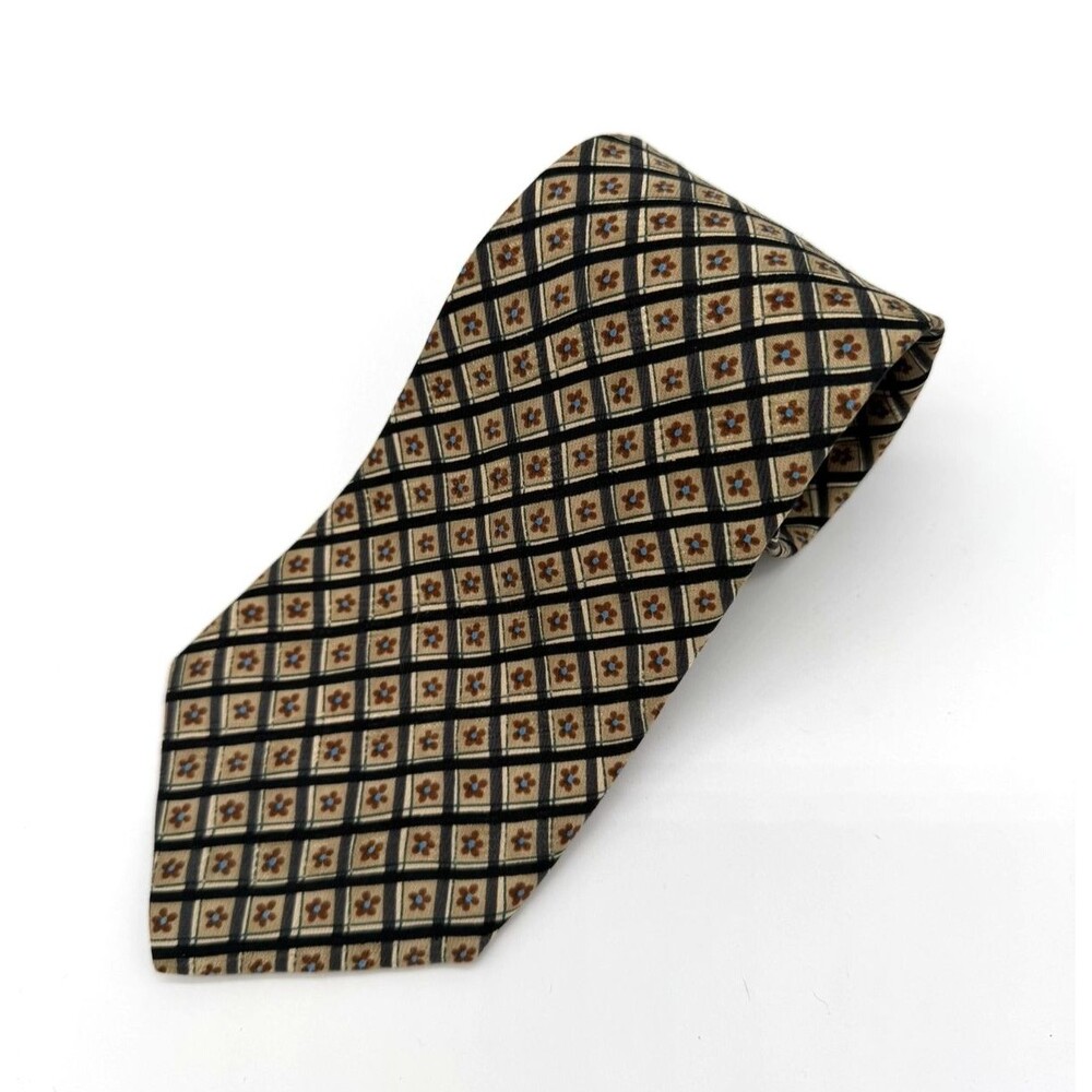 Perry Ellis Portfolio Silk Tie Tan Geometric Floral Pattern Made in USA Mens